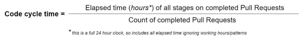 Code Cycle Time Calculation: Code Cycle Time = Elapsed time of all stages on completed pull request / Count of completed pull requests